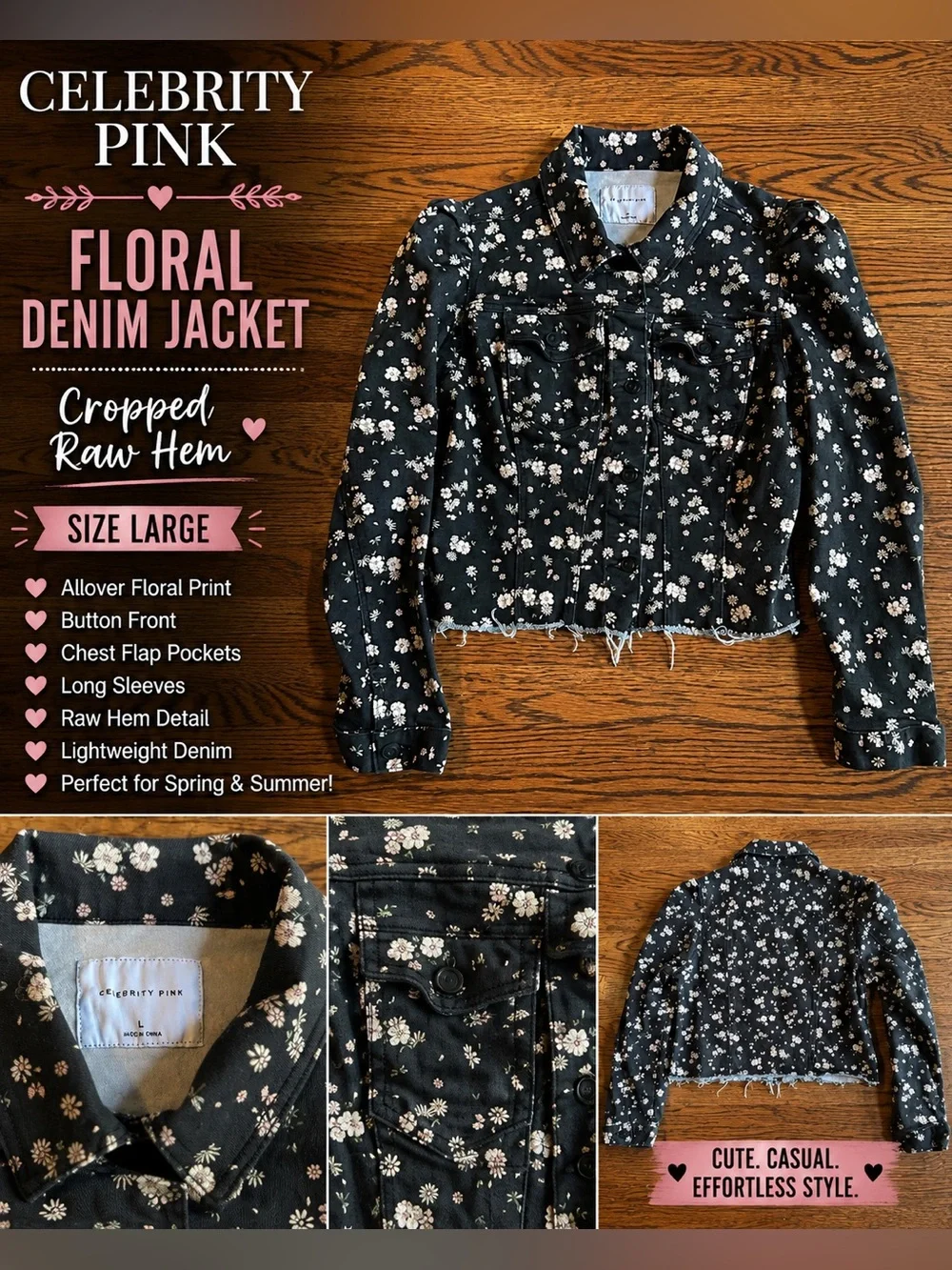 Celebrity Pink Floral Denim Jacket Cropped Raw Hem Black Floral Size Large - Picture 1 of 6